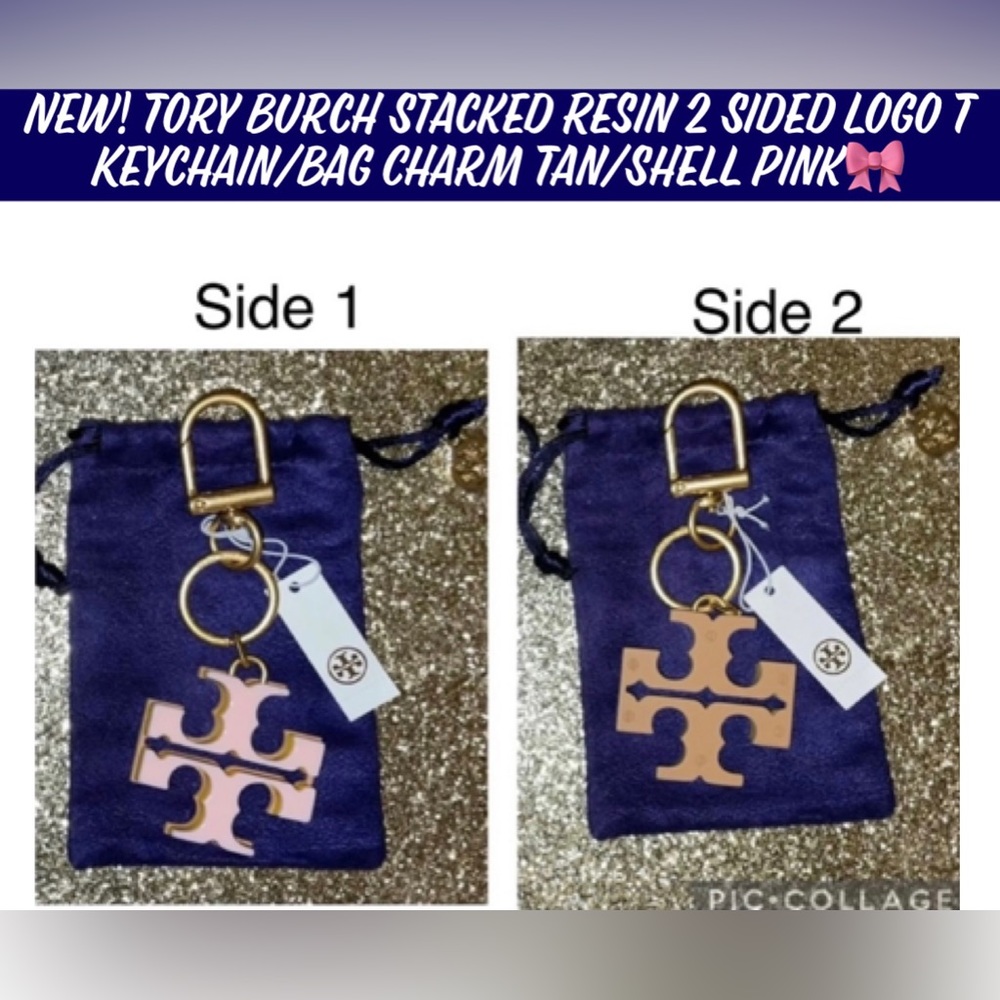 New! Tory Burch Stacked Resin 2 Sided Logo T Keychain/Bag Charm Tan/Shell Pink🎀
